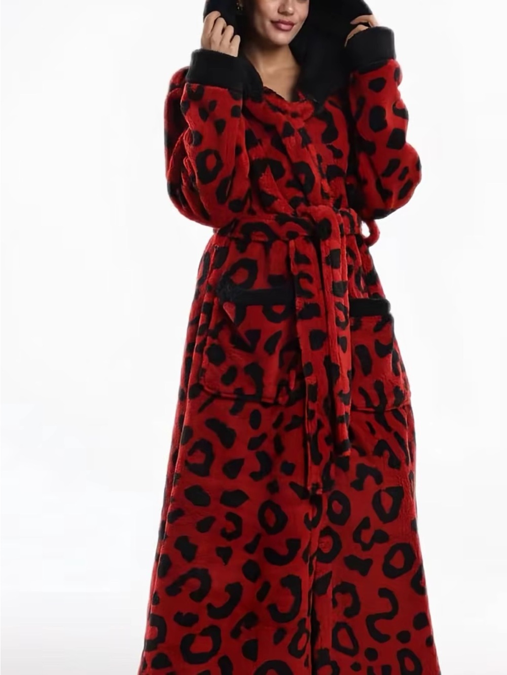 ULTRA PLUSH LONG RED & Black hooded LEOPARD PRINT Bath Robe